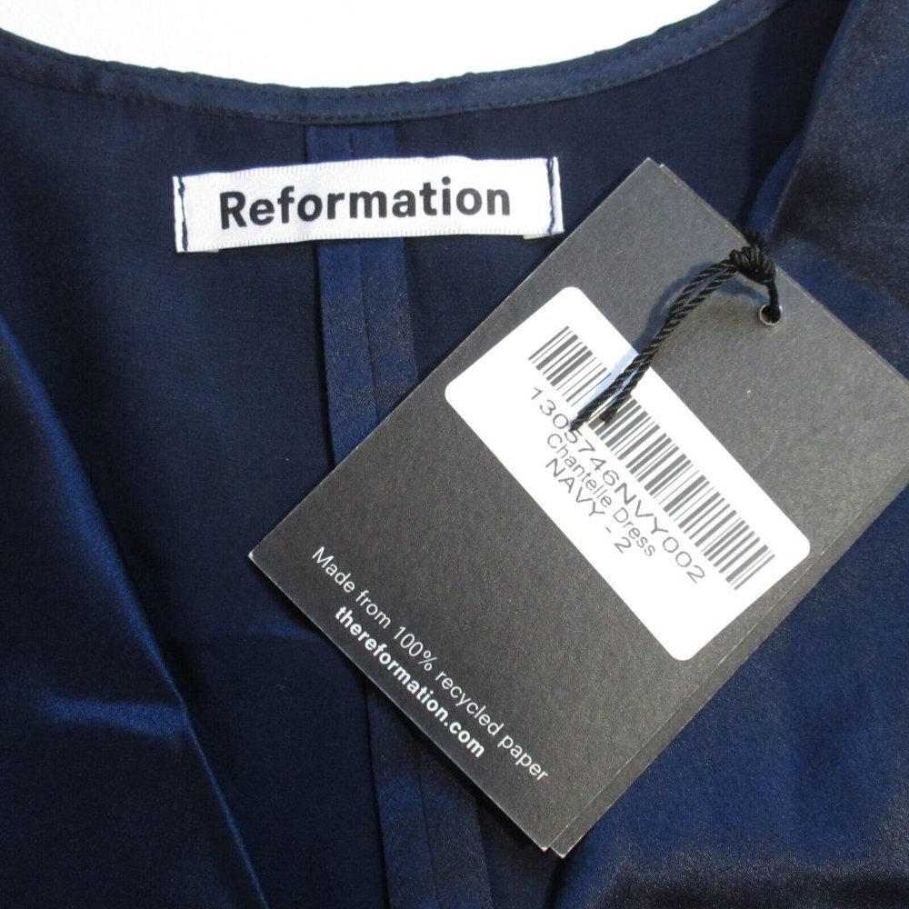 NWT Reformation Chantelle in Navy Blue Ruched Silk Satin Faux Wrap Midi Dress 2 - Picture 5 of 8
